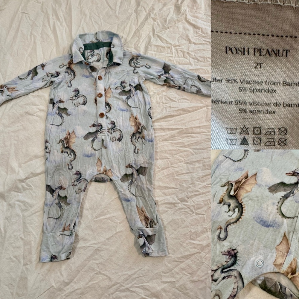 Posh Peanut Dragons Boy Collared Romper Bodysuit 2T, Bamboo Rare Print pajamas